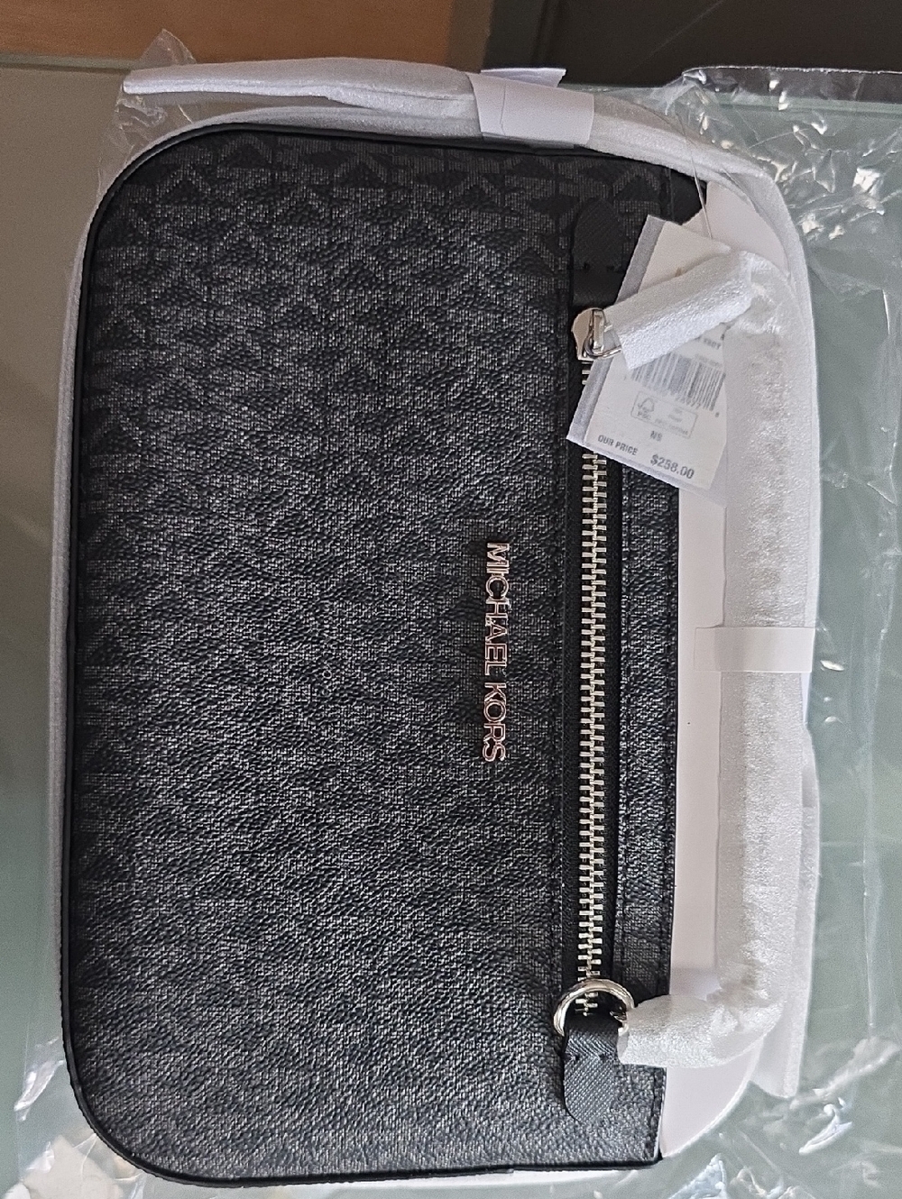 Michael Kors Black Textured Crossbody Wallet with Silver Hardware